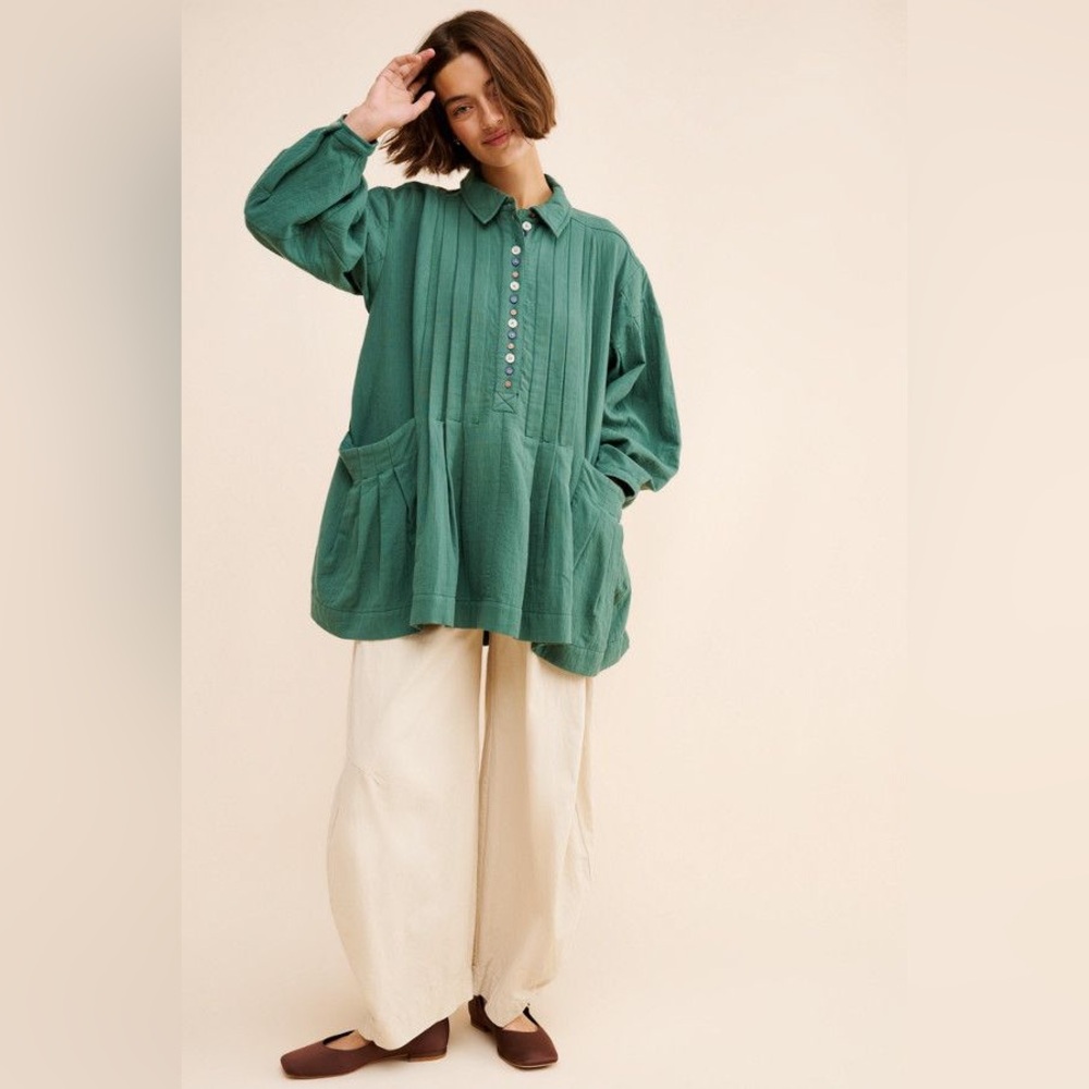 Free People Thalia Mini Shirtdress S Pullover Jacket Button Oversized Teal Boho - Picture 4 of 16